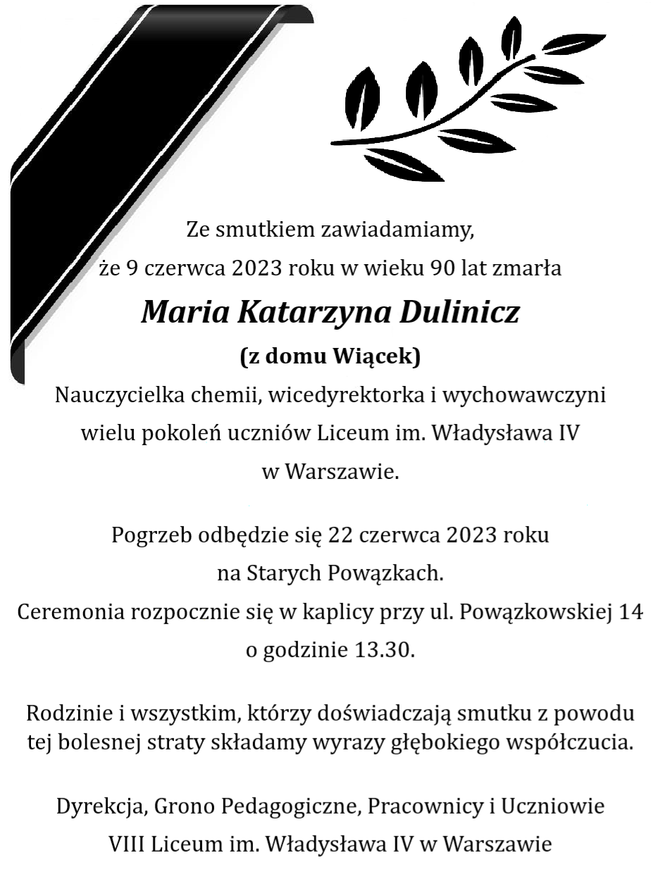 nekrolog Maria Katarzyna Dulinicz zmarła w wieku 90 lat