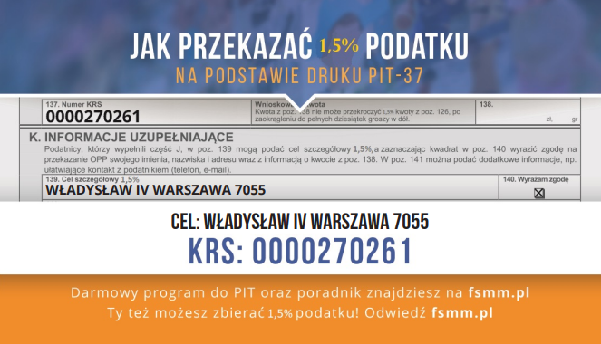 druga strona wizytówki z informacją jak przekazać 1,5% podatku